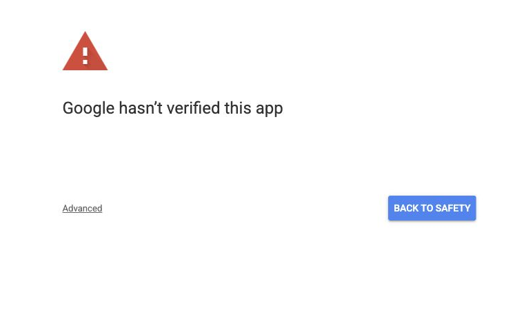 Google unverified-app warning with Advanced visible